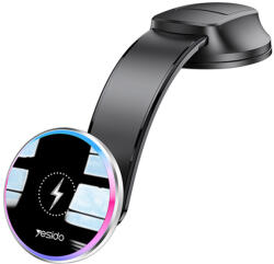 YESIDO Autós tartó vezeték nélküli töltéssel (C292), műszerfalra/szélvédőre, LED kijelző, hajlítható rögzítőkar, 15W - Fekete