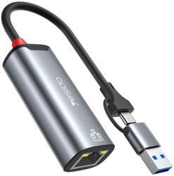 Yesido Ethernet Adapter (HB26) - USB, Type-C to RJ45, Windows, MacOS, Linux, 1000Mbps - Szürke