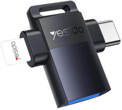 Yesido OTG Adapter (GS35) USB3.0 Lightning, Type-C, Alumínium Ötvözet, Mini Dizájn - Szürke