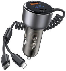 YESIDO Autós Töltő (Y58) - USB, Type-C, kábel Lightning, Type-C, Gyorstöltés, 60W, 120cm - Szürke