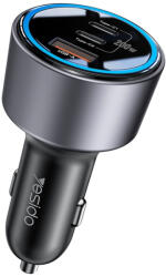 YESIDO - Autós töltő (Y59) - 2x Type-C, USB-A, 200W, Gyors töltés, Többféle védelem, Beépített színes világítás - Fekete