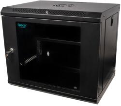 Spacer Szekrény 19″ SPACER 9U 500x450mm, falra rögzíthető, Flatpack (nem összeszerelve), fekete, kivehető panelek, 1mm acél, maximális teherbírás 25kg (SPCW-9U-450-BK-02)