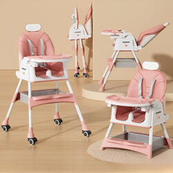 Flippy etetőszék babáknak és gyerekeknek, kerekekkel, fejtámlával, teleszkópos, összecsukható, állítható asztallal, lábtartóval, bőr huzatú székkel, biztonsági övvel, tárolóhellyel