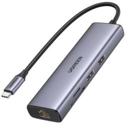 UGREEN Dokkoló állomás 6 az 1-ben, 4K@60Hz, USB HUB, HDMI 2.0, Ethernet, 2x USB-A, USB-C, SD/TF, 100W, szürke (90568)