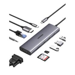 UGREEN Dokkoló állomás 10 az 1-ben, 4K@30Hz, USB HUB, Ethernet, HDMI 1.4, VGA, 100W, SD/TF, 3, 5mm Jack, szürke (15601)