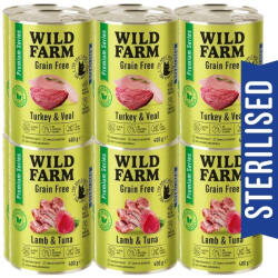 Wild Farm WILD FARM Premium Grain Free Pulyka és borjúhús / Bárány és tonhal 12x400g - gabonamentes táplálék ivartalanított macskáknak