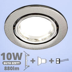  LED szpot szett: mattkróm bill. keret + 10 Wattos, hideg fehér GU10 LED lámpa + GU10 csatlakozó (kettesével rendelhető) (5098 + TR-GU10 +1907)
