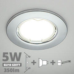  LED szpot szett: króm keret + 5 Wattos, természetes fehér GU10 LED lámpa + GU10 csatlakozó (kettesével rendelhető) (5072 + TR-GU10 + 1902)