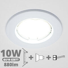  LED szpot szett: fehér keret + 10 Wattos, természetes fehér GU10 LED lámpa + GU10 csatlakozó (TR-SARA-WOSB-B + 1971 + TR-GU10)