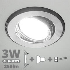  LED szpot szett: króm bill. keret + 3 Wattos, természetes fehér GU10 LED lámpa + GU10 csatlakozó (kettesével rendelhető) (5099+ TR-GU10 + 2988)