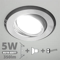  LED szpot szett: króm bill. keret + 5 Wattos, természetes fehér GU10 LED lámpa + GU10 csatlakozó (kettesével rendelhető) (5099 + TR-GU10 + 1902)