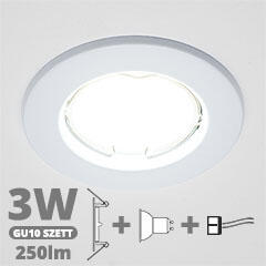  LED szpot szett: fehér keret + 3 Wattos, természetes fehér GU10 LED lámpa + GU10 csatlakozó (kettesével rendelhető) (5070 + TR-GU10 + 2988)