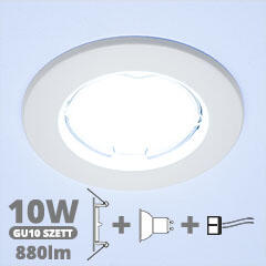  LED szpot szett: fehér keret + 10 Wattos, hideg fehér GU10 LED lámpa + GU10 csatlakozó (TR-SARA-WOSB-B + TR-GU10 + 1907)