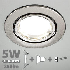  LED szpot szett: mattkróm bill. keret + 5 Wattos, természetes fehér GU10 LED lámpa + GU10 csatlakozó (kettesével rendelhető) (5098 + TR-GU10 + 1902)