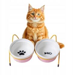  Kerámia Rózsaszín Macskaeledel Tál Szett, Fém Állványon (Z0018)