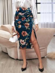 Shein IC02207 Shein Szatén MIDI Szoknya Virágmintás Magas Derekú Slicc S