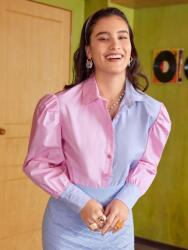Shein WC21305 Shein Kontrastos, Puffos Ujjú, Ráncolt, Gombos Ingtető (40) M