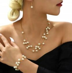  Zestaw Kolczyki Naszyjnik Bransoletka Warstwowa Perły Złoto Biały Ślub (Uxxu7845478)