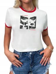 Shein Póló Fehér Nyomott Mintával Piros Szegélyekkel Casual 40 L__L