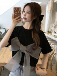 Shein TC14112 Hudie Fekete Póló Masnis Kerek Nyakú Rövid Ujjú S