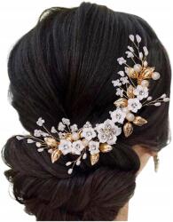  Arany színű fésű esküvőre, hajdísz, fehér virágokkal és gyöngyökkel (5905884072486)