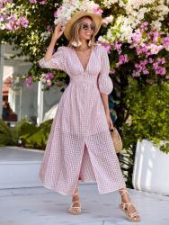 Shein LC92216 Shein Maxi Kockás Ruha Bő Ujjú Gombokkal L