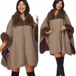 DEMUR Női Poncsó ágytakaró meleg téli gyapjú szőrme bézs (poncza damskie ciepłe zimowe na zimę jesień)