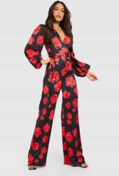 Boohoo Fekete Szatén Virágos Overál, Size 34, hosszú ujjú, poliészter (gzz30053-105)