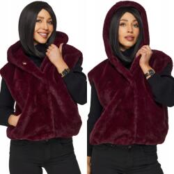 DEMUR Női Téli Mellény meleg szőrme kapucnival, zsebekkel, bordó (kamizelki damskie zimowe na zimę futrzane)
