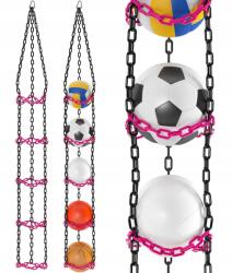 FBSYS X5 labdatároló, fekete-rózsaszín, 173cm hosszú, 5 labdához, focilabda akasztó (fbsys-x5-czarny-różowy)