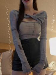 Dazy CC56204 Dazy Aszimmetrikus Hálós Felső Hosszú Ujjú M