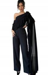 Shein Overál Fekete Aszimmetrikus Szatén Chiffon Fodros 38 M__M