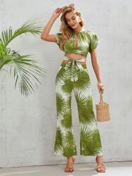 Shein Nadrág, növényi mintás, Size M, 95% poliészter, zöld-fehér