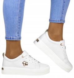  Női Tornacipő Bőr Vastag Talpú Fehér Arany Szív (iBUTY 3533 BIAŁY SERCE)