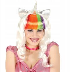 Guirca Szintetikus paróka fehér haj szivárvány frufru Unikornis szarv fülek (GU4505)