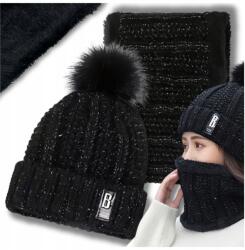 EdiBazzar Meleg Téli Szett Női Téli Sapka Pompon Sál Kémény Fekete (5905884078570)