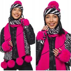 DEMUR Női Szett Téli Sál Sapka Kesztyű Szett meleg kötött rózsaszín (komplety damskie z szalem czapką rękawiczkami)