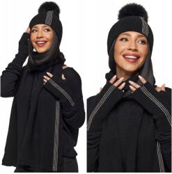 DEMUR Női Szett Téli Sál Sapka Kesztyű Szett meleg kötött fekete (komplety damskie z szalem czapką rękawiczkami)