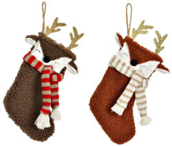  Textilből készült mikulászokni, részarvas, 2-féle, barna/piros. Méret: 13x25x1cm (Az ár egy darabra vonatkozik. A színt véletlenszerűen választjuk)