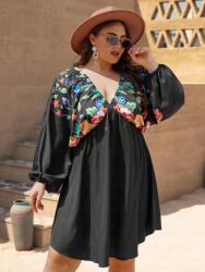 Shein Trapéz Ruha, térdig érő, virágmintás, Size 46, 100% poliészter, fekete