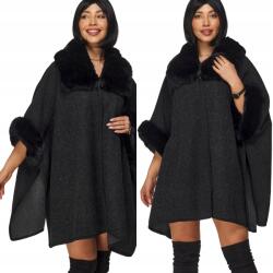 DEMUR Női Poncsó ágytakaró meleg téli gyapjú szőrme fekete (poncza damskie ciepłe zimowe na zimę jesień)
