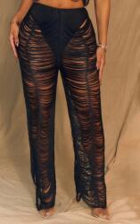 Prettylittlething Fekete Magas Derekú Nadrág, rojtokkal, Size 46