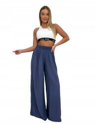  Női nadrág széles palazzo gumis szellős laza viszkóz sötétkék