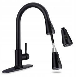  Fekete konyhai csaptelep, függőleges, kihúzható kifolyócsővel és dekoratív lapkával (Stal nierdzewna, gorący i zimny wąż)