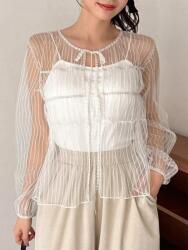  XC12103 Shein Fehér Átlátszó Bordázott Hosszú Ujjú Felső M