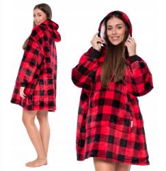  Kocpulóver 2 az 1-ben, túlméretezett kapucnival, vastag sherpa anyagból, fekete-piros (KC00005)