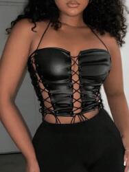 Shein Fekete Fűzős Viaszolt Nyakpántos Felső 40 L__40