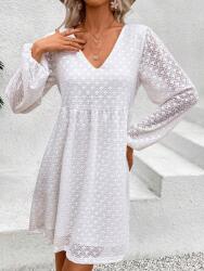 Shein KC75101 Shein Fehér Hímzett Ruha Hosszú Ujjú V-nyakkivágás Xs