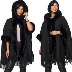 DEMUR Női Poncsó kapucnis meleg vastag téli kötött rojtos szőrme fekete (poncza damskie ciepłe zimowe na zimę jesień)