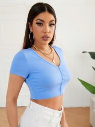 Shein Kék Bordázott Rövid Ujjú Felső V Gombos Klasszikus Shein 34